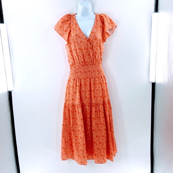 Parker Women Dress Orange Floral Print Cotton Peasant Tiered Sleeveless Midi - Picture 1 of 14